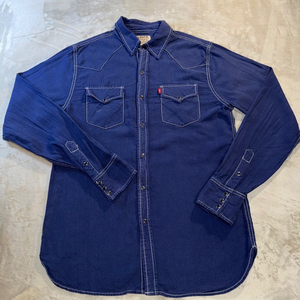 Vintage Levis Mens Blue Linen Cotton Western Pearl Snap Shirt M Long Sleeve